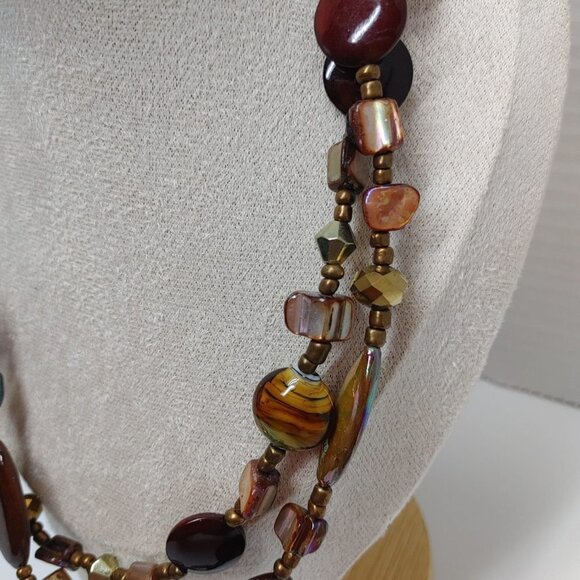 2/$30 Brown Glass Bronze Tone Pearls Necklace Beads Boho Retro Vintage doble 20" - Picture 4 of 8